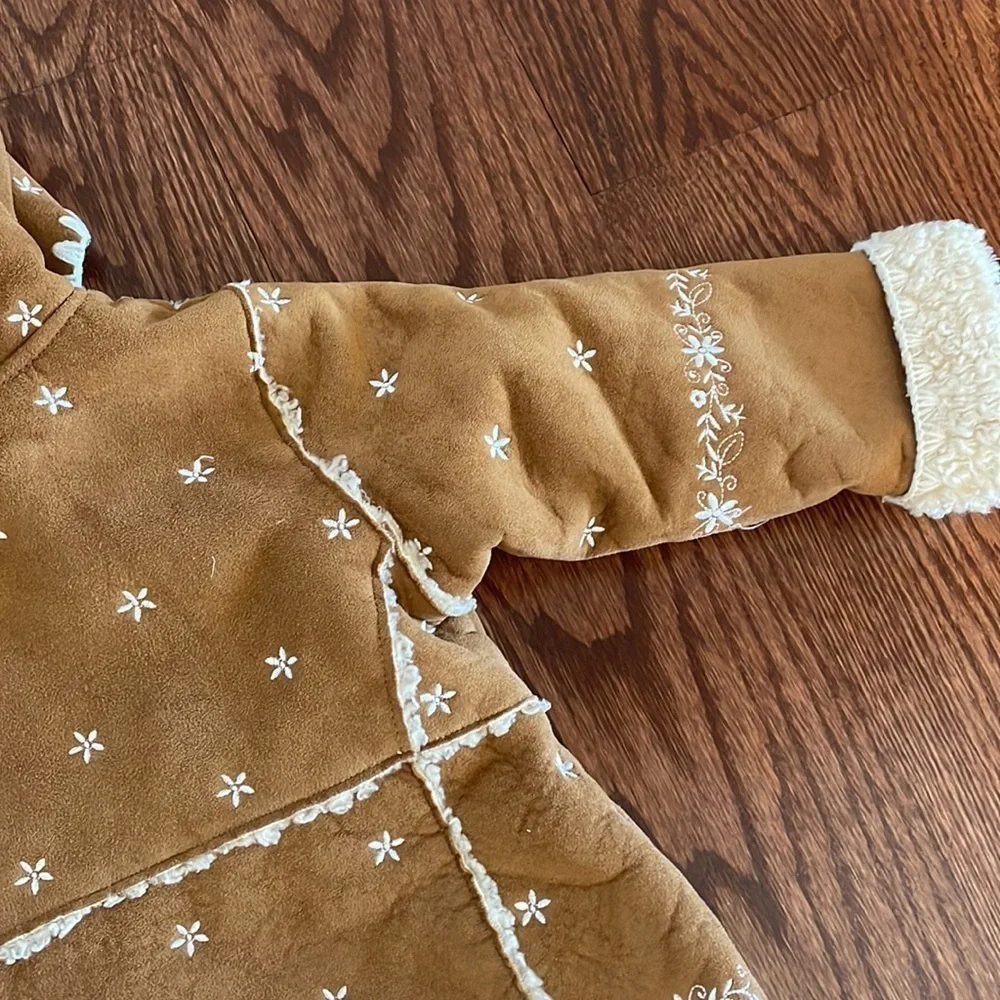 BABY GAP girls faux suede sherpa embroidery hooded coat boho camel brown 12-18M